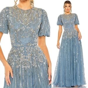 NWT Mac Duggal Blue High Neck Puff Sleeve Embellished A Line Gown $898 Size 18